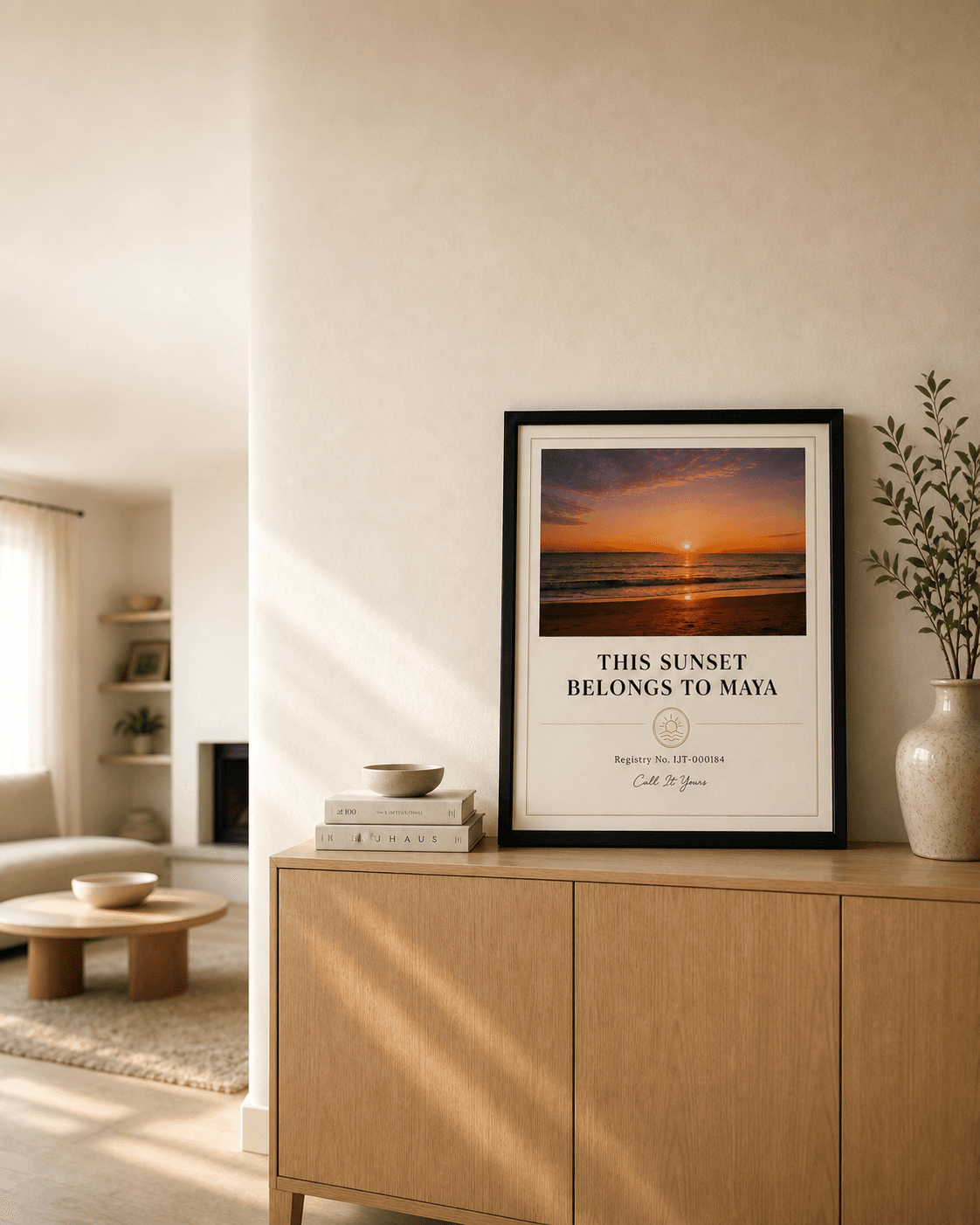 A framed Call It Yours certificate displayed in a warm home interior